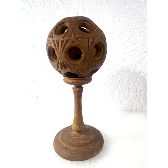 Vtg Hand-Carved Natural Wooden Puzzle Ball on Pedestal Folk Art Decor Ball in Ba - Picture 4 of 8
